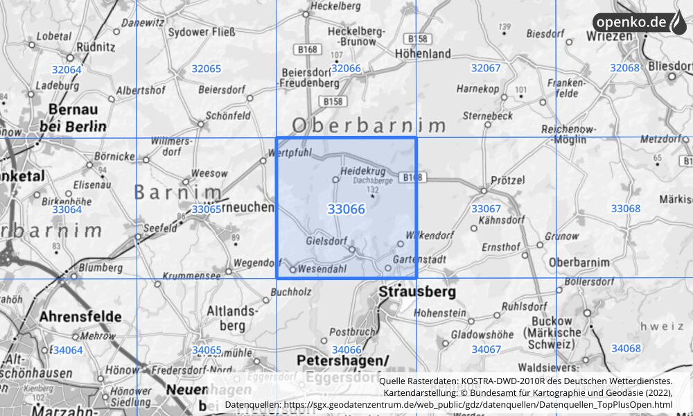 Übersichtskarte KOSTRA-DWD-2010R Rasterfeld Nr. 33066 mit angrenzenden Feldern