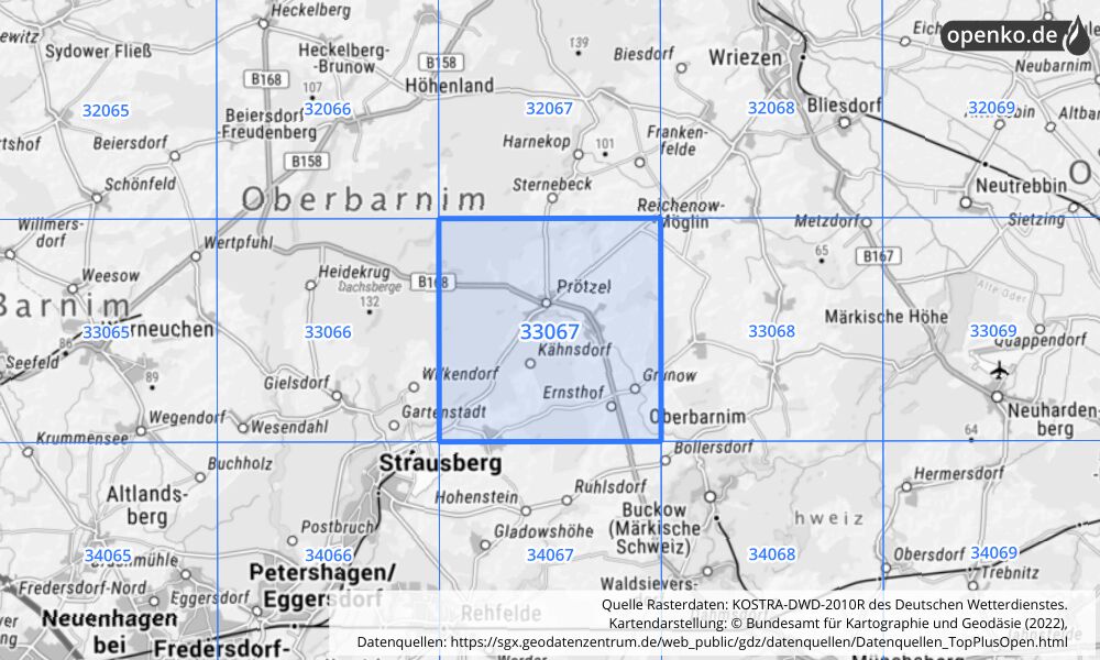 Übersichtskarte KOSTRA-DWD-2010R Rasterfeld Nr. 33067 mit angrenzenden Feldern