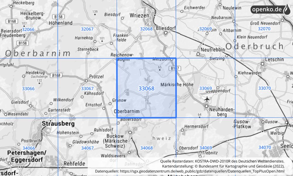 Übersichtskarte KOSTRA-DWD-2010R Rasterfeld Nr. 33068 mit angrenzenden Feldern