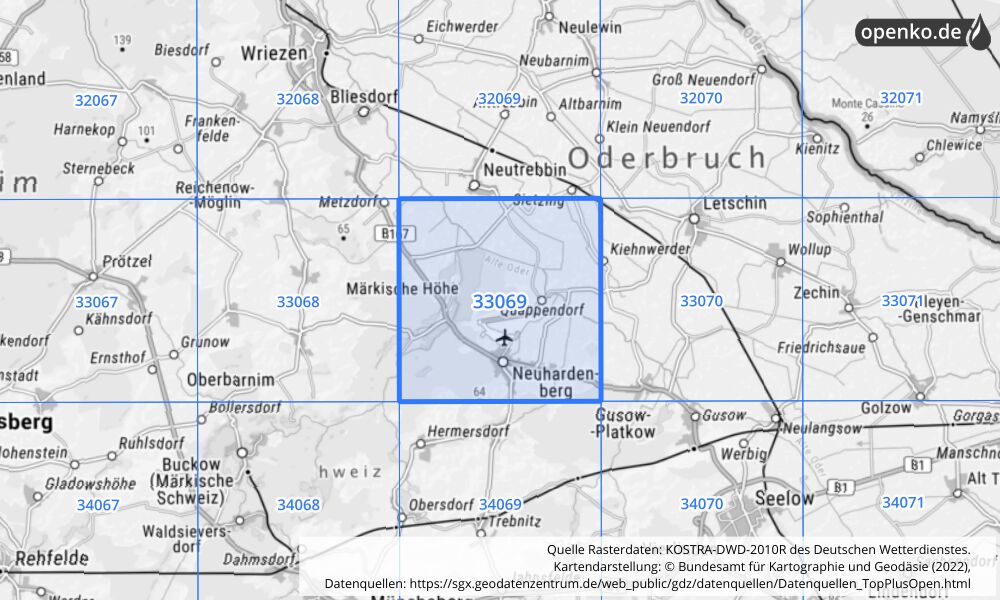 Übersichtskarte KOSTRA-DWD-2010R Rasterfeld Nr. 33069 mit angrenzenden Feldern