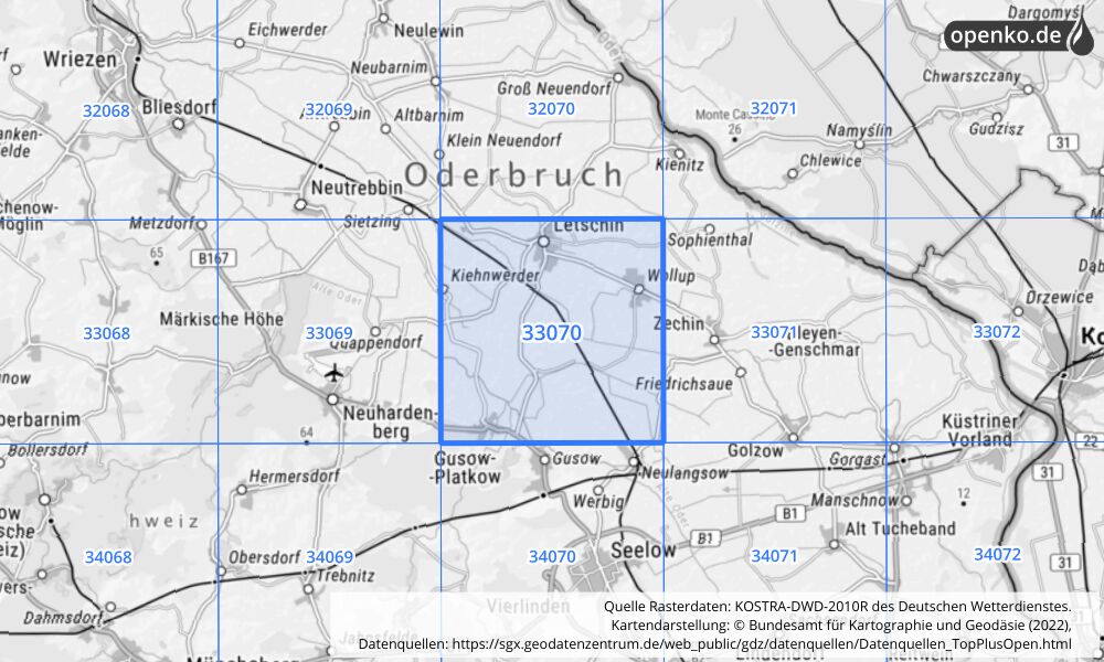 Übersichtskarte KOSTRA-DWD-2010R Rasterfeld Nr. 33070 mit angrenzenden Feldern