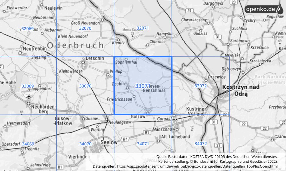 Übersichtskarte KOSTRA-DWD-2010R Rasterfeld Nr. 33071 mit angrenzenden Feldern