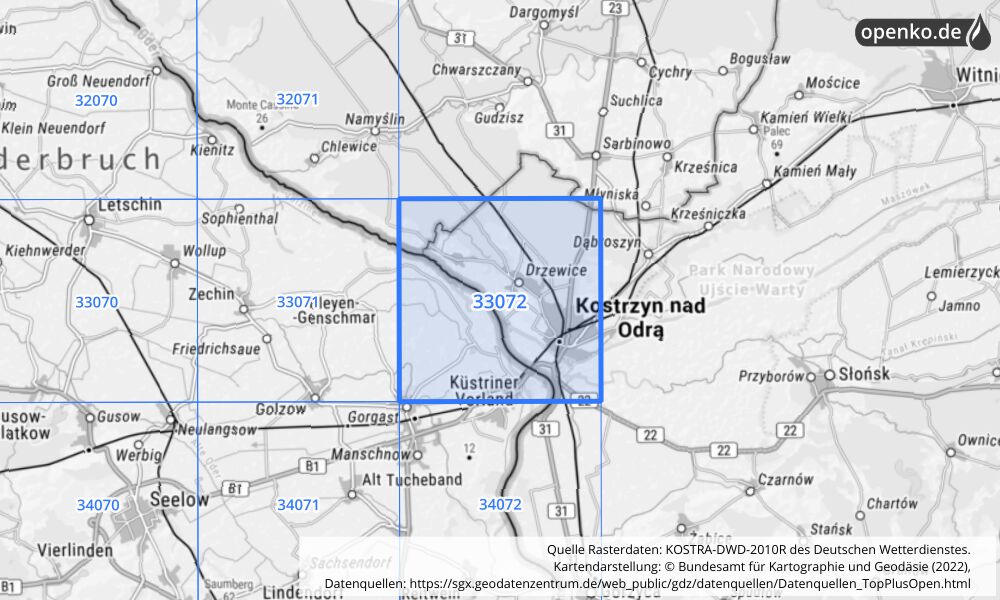 Übersichtskarte KOSTRA-DWD-2010R Rasterfeld Nr. 33072 mit angrenzenden Feldern