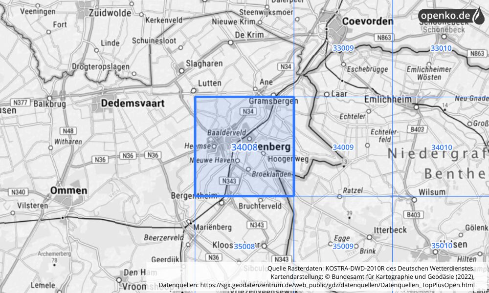 Übersichtskarte KOSTRA-DWD-2010R Rasterfeld Nr. 34008 mit angrenzenden Feldern