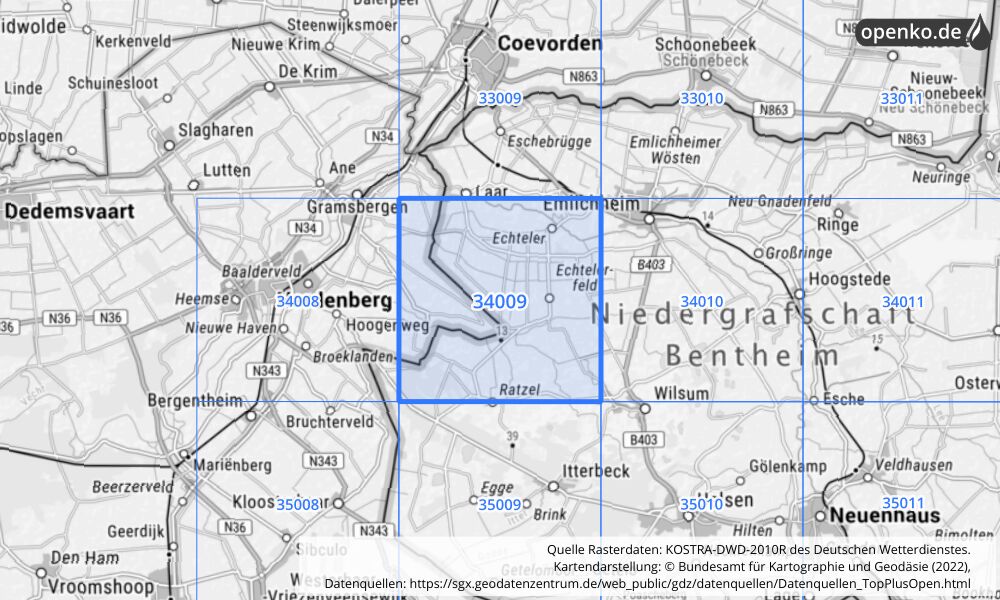 Übersichtskarte KOSTRA-DWD-2010R Rasterfeld Nr. 34009 mit angrenzenden Feldern