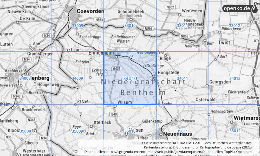 Übersichtskarte KOSTRA-DWD-2010R Rasterfeld Nr. 34010 mit angrenzenden Feldern