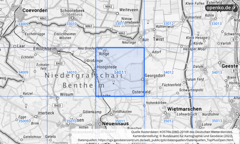 Übersichtskarte KOSTRA-DWD-2010R Rasterfeld Nr. 34011 mit angrenzenden Feldern