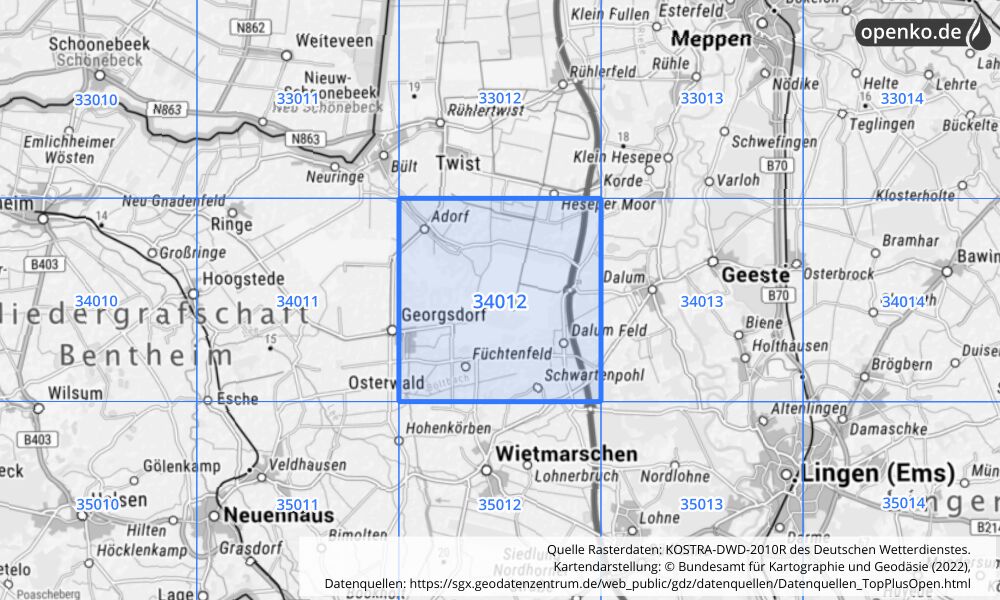 Übersichtskarte KOSTRA-DWD-2010R Rasterfeld Nr. 34012 mit angrenzenden Feldern