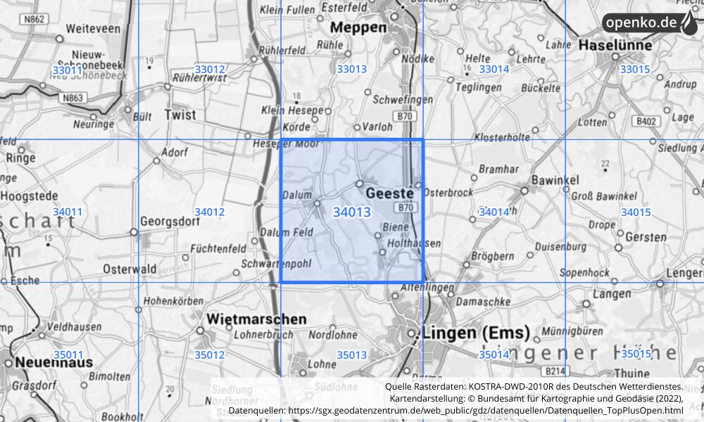 Übersichtskarte KOSTRA-DWD-2010R Rasterfeld Nr. 34013 mit angrenzenden Feldern