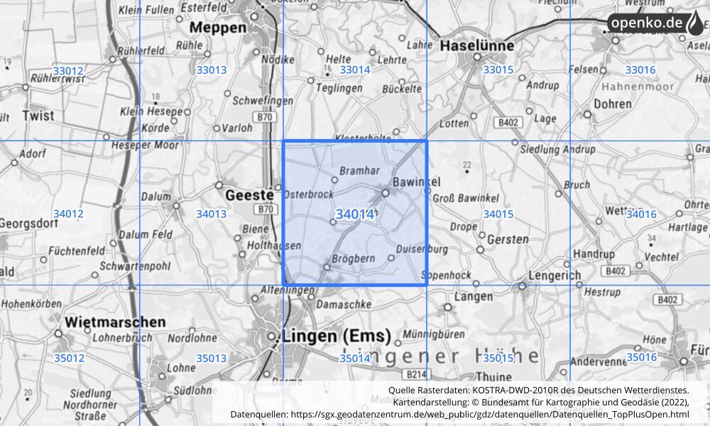 Übersichtskarte KOSTRA-DWD-2010R Rasterfeld Nr. 34014 mit angrenzenden Feldern