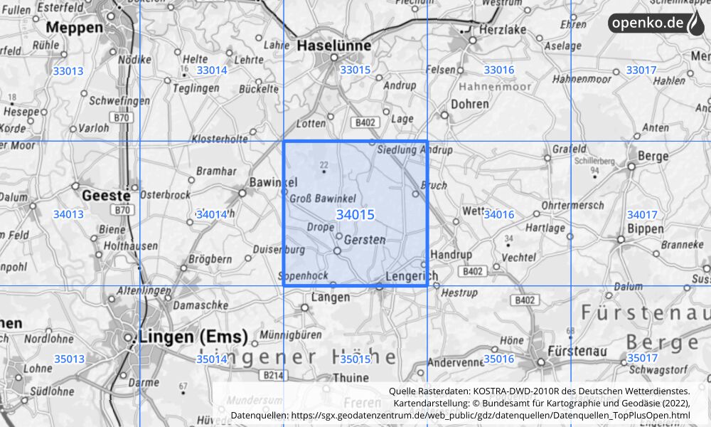 Übersichtskarte KOSTRA-DWD-2010R Rasterfeld Nr. 34015 mit angrenzenden Feldern