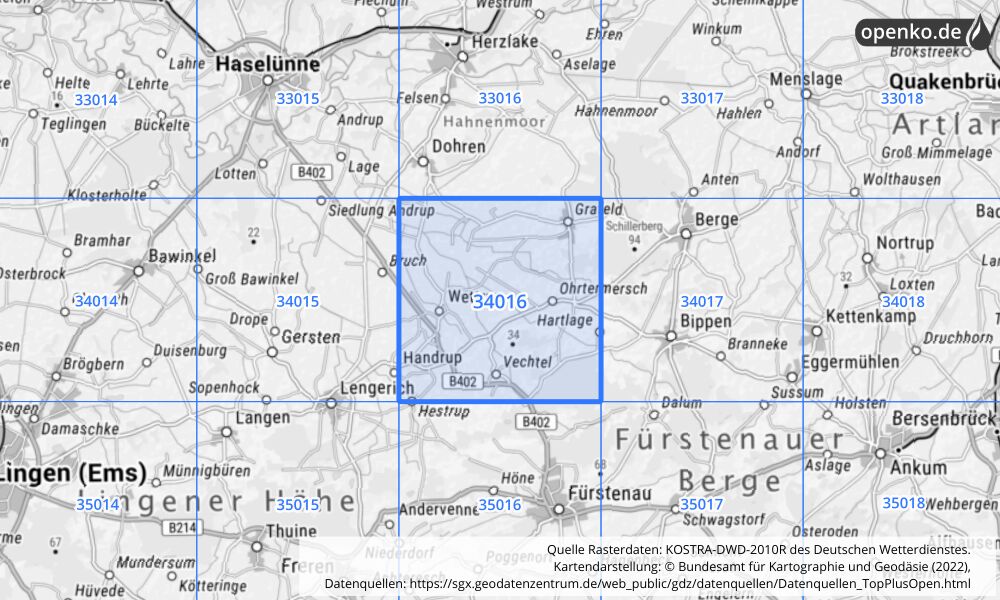 Übersichtskarte KOSTRA-DWD-2010R Rasterfeld Nr. 34016 mit angrenzenden Feldern