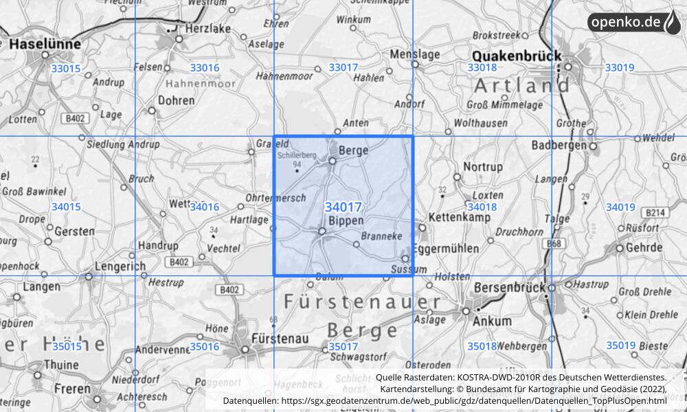 Übersichtskarte KOSTRA-DWD-2010R Rasterfeld Nr. 34017 mit angrenzenden Feldern