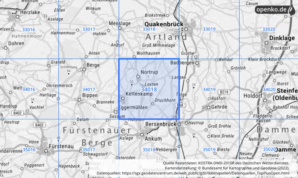 Übersichtskarte KOSTRA-DWD-2010R Rasterfeld Nr. 34018 mit angrenzenden Feldern