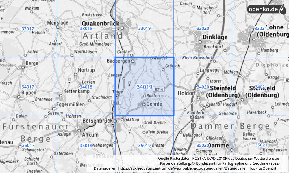 Übersichtskarte KOSTRA-DWD-2010R Rasterfeld Nr. 34019 mit angrenzenden Feldern