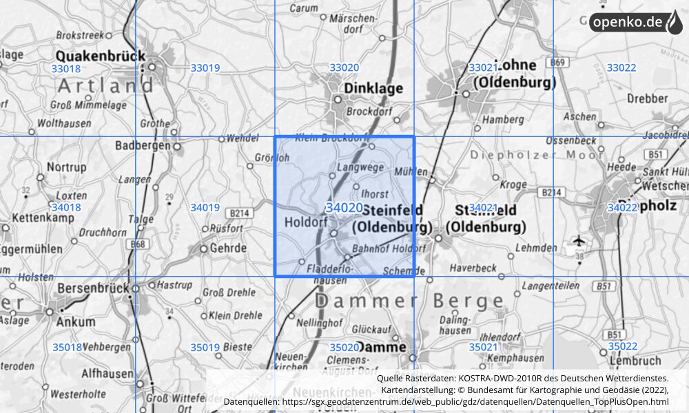 Übersichtskarte KOSTRA-DWD-2010R Rasterfeld Nr. 34020 mit angrenzenden Feldern