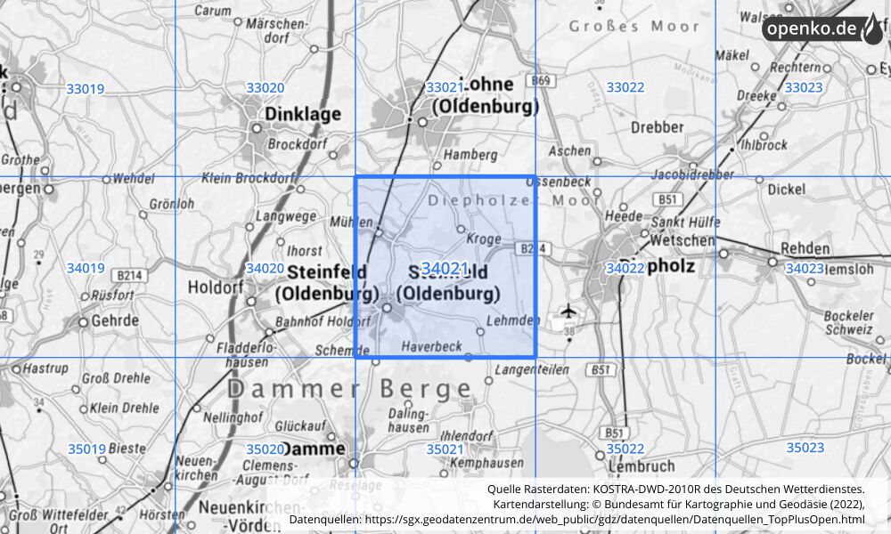 Übersichtskarte KOSTRA-DWD-2010R Rasterfeld Nr. 34021 mit angrenzenden Feldern