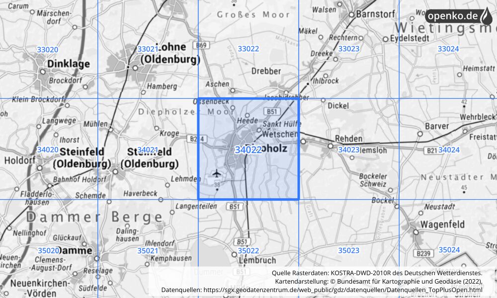 Übersichtskarte KOSTRA-DWD-2010R Rasterfeld Nr. 34022 mit angrenzenden Feldern