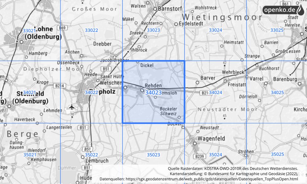 Übersichtskarte KOSTRA-DWD-2010R Rasterfeld Nr. 34023 mit angrenzenden Feldern