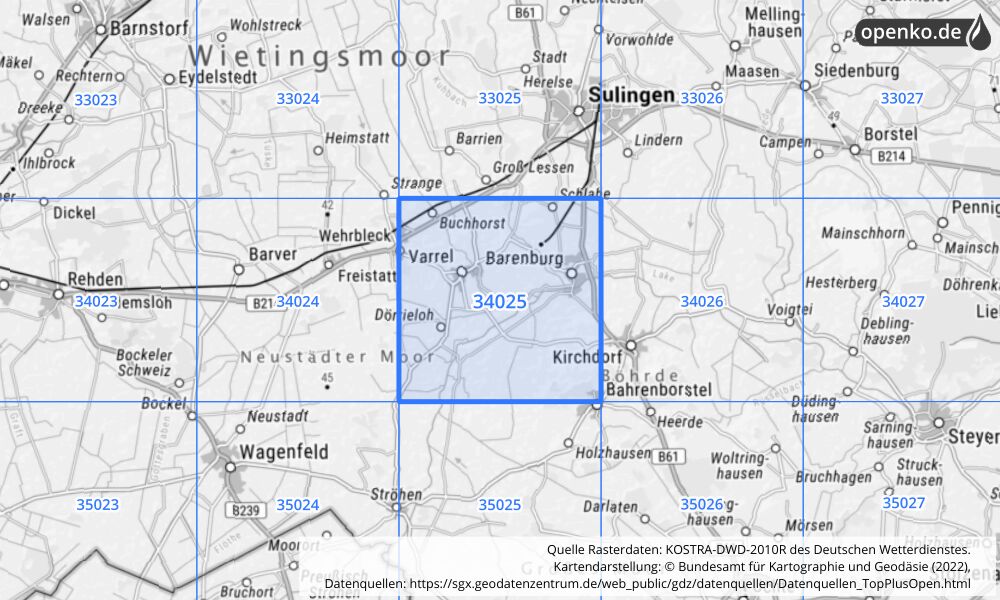 Übersichtskarte KOSTRA-DWD-2010R Rasterfeld Nr. 34025 mit angrenzenden Feldern