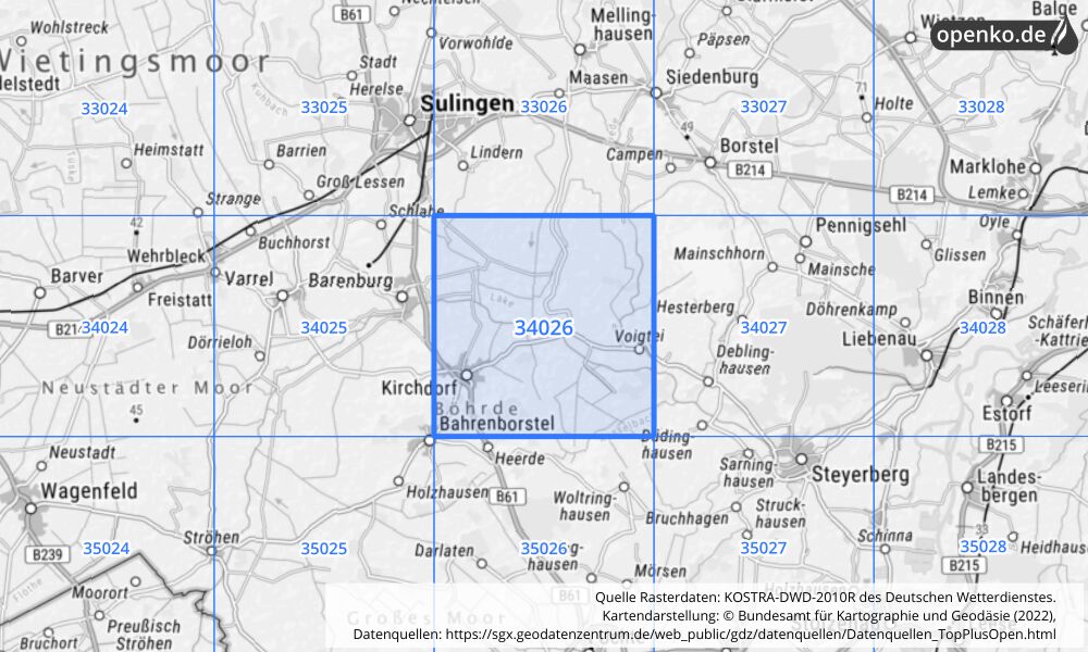 Übersichtskarte KOSTRA-DWD-2010R Rasterfeld Nr. 34026 mit angrenzenden Feldern