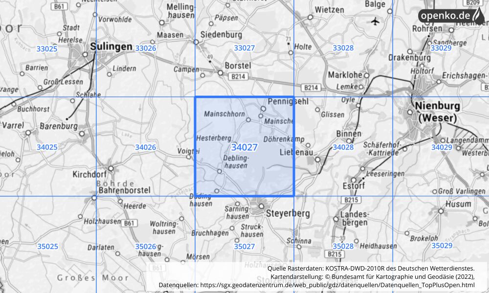 Übersichtskarte KOSTRA-DWD-2010R Rasterfeld Nr. 34027 mit angrenzenden Feldern