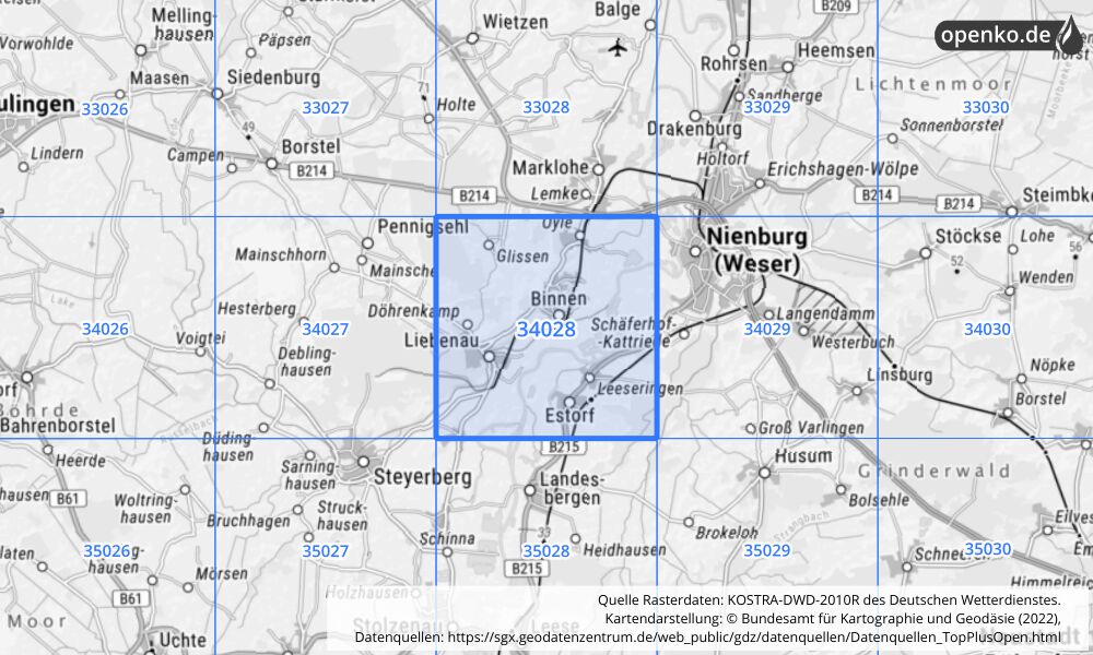 Übersichtskarte KOSTRA-DWD-2010R Rasterfeld Nr. 34028 mit angrenzenden Feldern