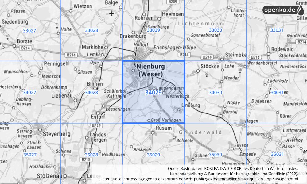 Übersichtskarte KOSTRA-DWD-2010R Rasterfeld Nr. 34029 mit angrenzenden Feldern
