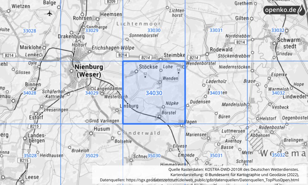 Übersichtskarte KOSTRA-DWD-2010R Rasterfeld Nr. 34030 mit angrenzenden Feldern