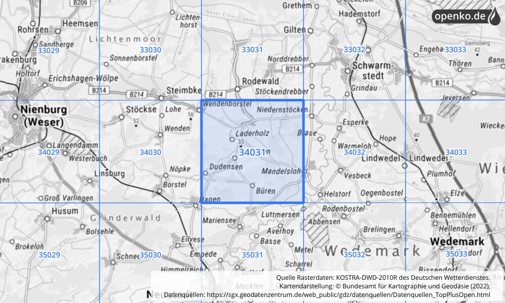 Übersichtskarte KOSTRA-DWD-2010R Rasterfeld Nr. 34031 mit angrenzenden Feldern