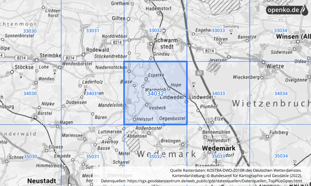 Übersichtskarte KOSTRA-DWD-2010R Rasterfeld Nr. 34032 mit angrenzenden Feldern