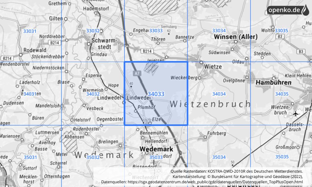 Übersichtskarte KOSTRA-DWD-2010R Rasterfeld Nr. 34033 mit angrenzenden Feldern