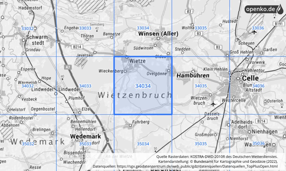 Übersichtskarte KOSTRA-DWD-2010R Rasterfeld Nr. 34034 mit angrenzenden Feldern