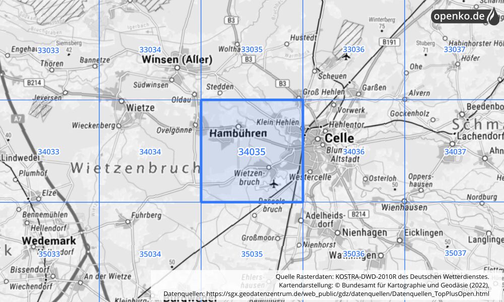 Übersichtskarte KOSTRA-DWD-2010R Rasterfeld Nr. 34035 mit angrenzenden Feldern