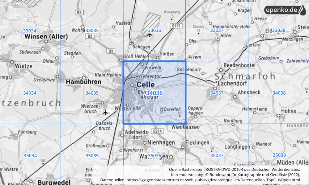 Übersichtskarte KOSTRA-DWD-2010R Rasterfeld Nr. 34036 mit angrenzenden Feldern