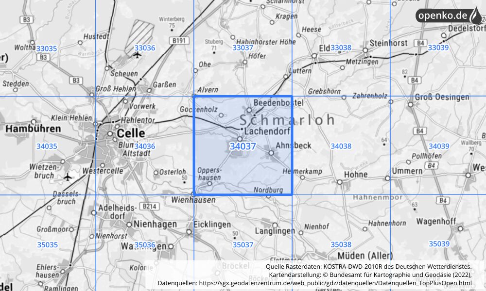 Übersichtskarte KOSTRA-DWD-2010R Rasterfeld Nr. 34037 mit angrenzenden Feldern