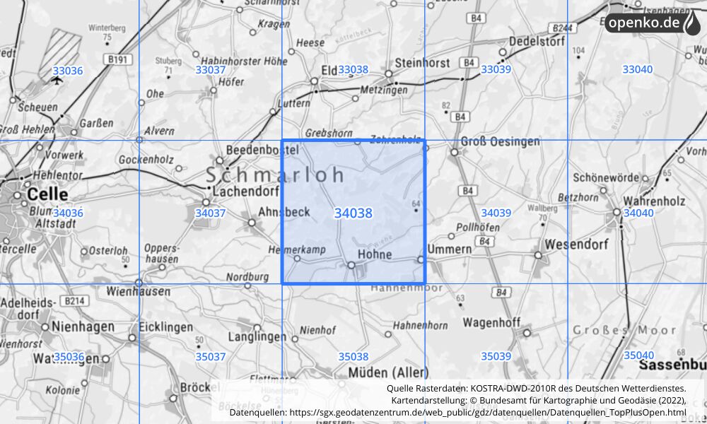 Übersichtskarte KOSTRA-DWD-2010R Rasterfeld Nr. 34038 mit angrenzenden Feldern