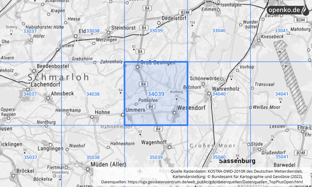 Übersichtskarte KOSTRA-DWD-2010R Rasterfeld Nr. 34039 mit angrenzenden Feldern