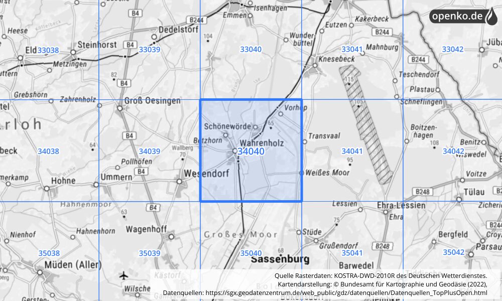 Übersichtskarte KOSTRA-DWD-2010R Rasterfeld Nr. 34040 mit angrenzenden Feldern