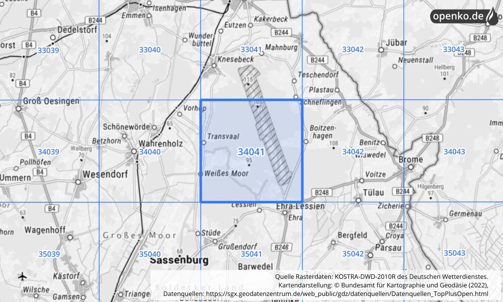 Übersichtskarte KOSTRA-DWD-2010R Rasterfeld Nr. 34041 mit angrenzenden Feldern