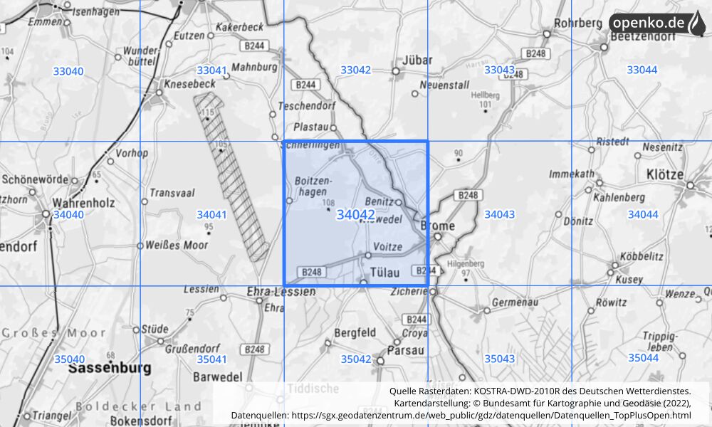 Übersichtskarte KOSTRA-DWD-2010R Rasterfeld Nr. 34042 mit angrenzenden Feldern