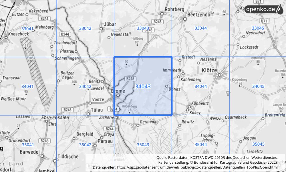 Übersichtskarte KOSTRA-DWD-2010R Rasterfeld Nr. 34043 mit angrenzenden Feldern