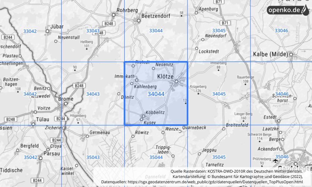 Übersichtskarte KOSTRA-DWD-2010R Rasterfeld Nr. 34044 mit angrenzenden Feldern