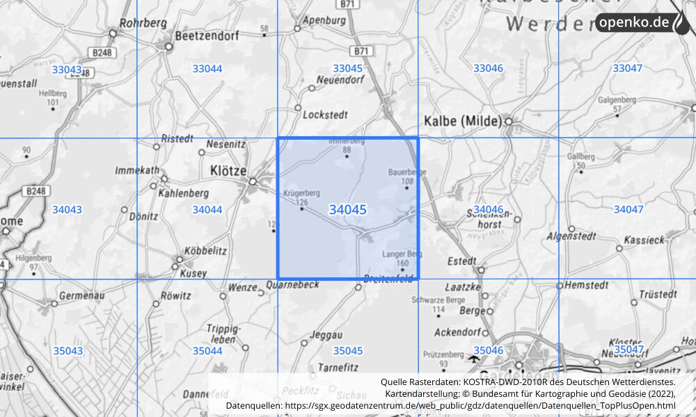 Übersichtskarte KOSTRA-DWD-2010R Rasterfeld Nr. 34045 mit angrenzenden Feldern