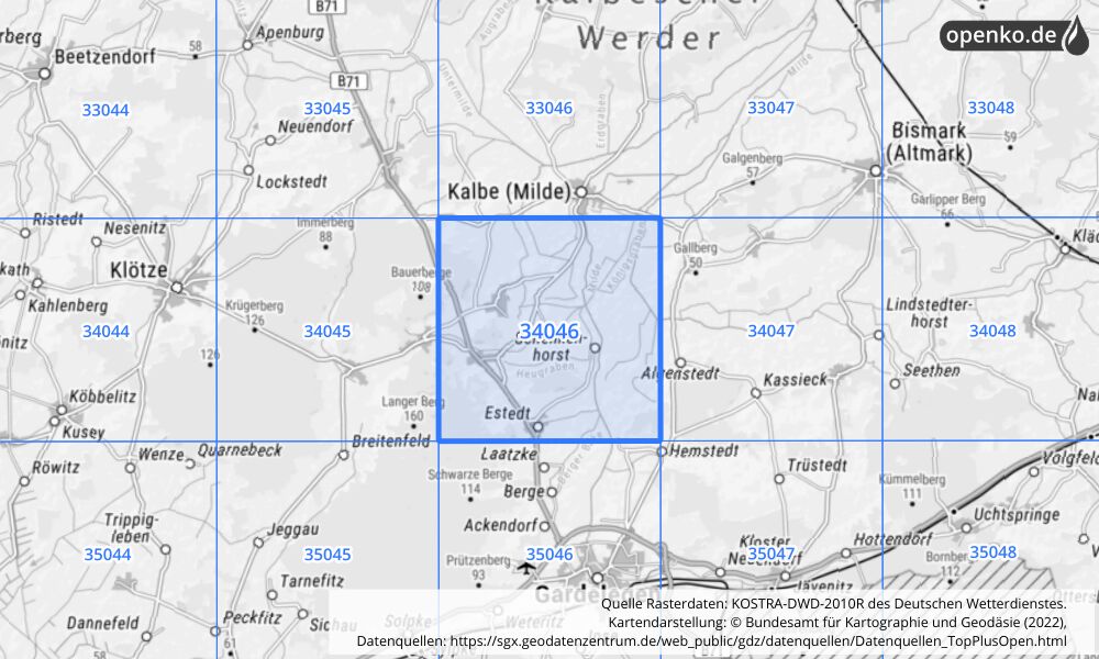 Übersichtskarte KOSTRA-DWD-2010R Rasterfeld Nr. 34046 mit angrenzenden Feldern