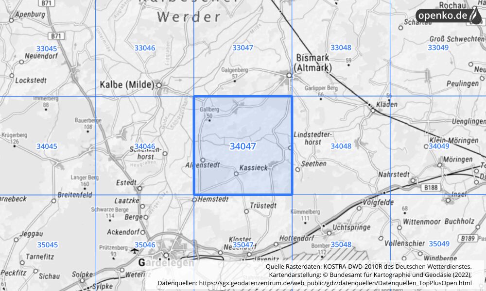 Übersichtskarte KOSTRA-DWD-2010R Rasterfeld Nr. 34047 mit angrenzenden Feldern