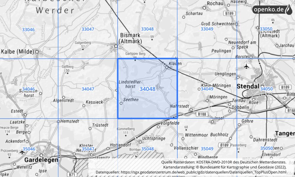 Übersichtskarte KOSTRA-DWD-2010R Rasterfeld Nr. 34048 mit angrenzenden Feldern