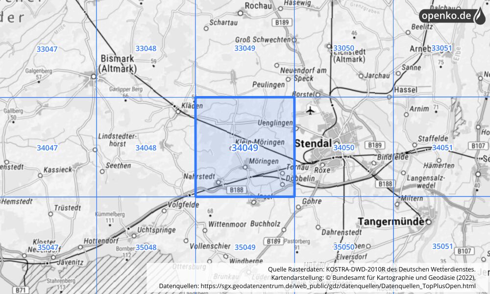 Übersichtskarte KOSTRA-DWD-2010R Rasterfeld Nr. 34049 mit angrenzenden Feldern