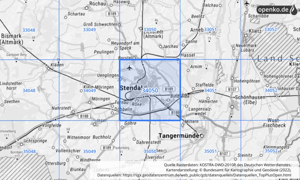 Übersichtskarte KOSTRA-DWD-2010R Rasterfeld Nr. 34050 mit angrenzenden Feldern