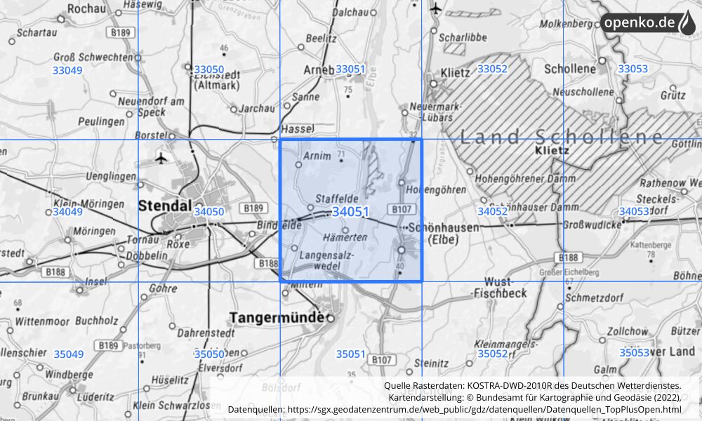 Übersichtskarte KOSTRA-DWD-2010R Rasterfeld Nr. 34051 mit angrenzenden Feldern